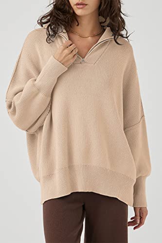 PRETTYGARDEN Women's 2023 Fall Pullover Oversized Sweaters Casual Long Sleeve Zip Up Collared Winter Tops Blouse (Apricot,Small)