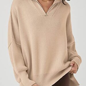 PRETTYGARDEN Women's 2023 Fall Pullover Oversized Sweaters Casual Long Sleeve Zip Up Collared Winter Tops Blouse (Apricot,Small)