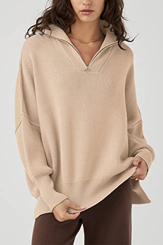 PRETTYGARDEN Women's 2023 Fall Pullover Oversized Sweaters Casual Long Sleeve Zip Up Collared Winter Tops Blouse (Apricot,Small)