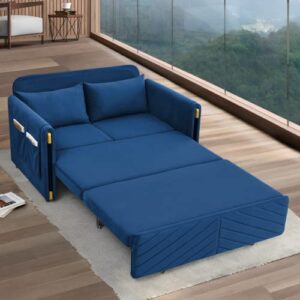 lyromix 3 in 1 sofa bed for living room, convertible loveseat sleeper full size, velvet pull out couch with 2 pillows & detachable storage bag, dark blue