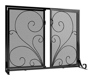 calidola flat fireplace screen with doors,solid wrought iron frame with metal mesh, flat panel decorative fireplace screen with scroll design, free standing spark guard