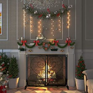 Calidola Flat Fireplace Screen with Doors,Solid Wrought Iron Frame with Metal Mesh, Flat Panel Decorative Fireplace Screen with Scroll Design, Free Standing Spark Guard