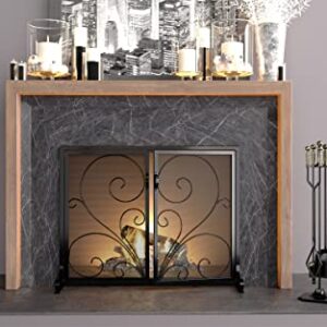 Calidola Flat Fireplace Screen with Doors,Solid Wrought Iron Frame with Metal Mesh, Flat Panel Decorative Fireplace Screen with Scroll Design, Free Standing Spark Guard