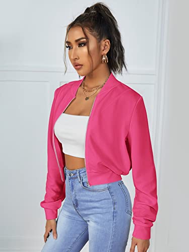 SweatyRocks Women's Casual Long Sleeve Solid Zip Up Coat Crop Bomber Jacket Solid Hot Pink M