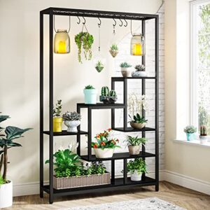 tribesigns 5-tier tall indoor plant stand, 70.9 inches large metal plant shelf with 6pc s hanging hooks, multi-purpose flower bonsai pots display rack for indoor, garden, balcony, living room, black
