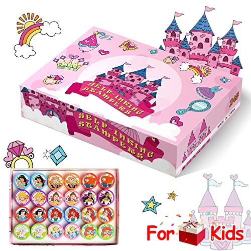 Princess Party Stamps for Kids, 24Pcs Assorted Self-Inking Stamps, Goodie Bag Stuffers,Birthday Party Favor for Kids, Teacher Stamps Reward Pinata Fillers Carnival Prizes