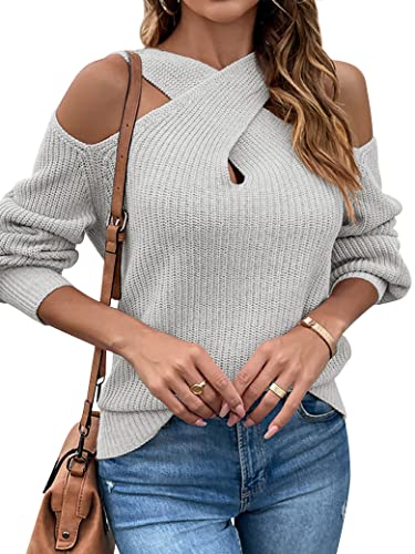 WLLW Womens Cross V Neck Sweaters Cold Shoulder Long Sleeve Casual Knit Pullover Halter Sweaters