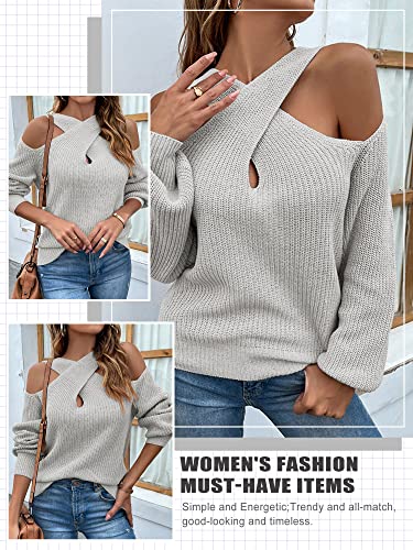 WLLW Womens Cross V Neck Sweaters Cold Shoulder Long Sleeve Casual Knit Pullover Halter Sweaters