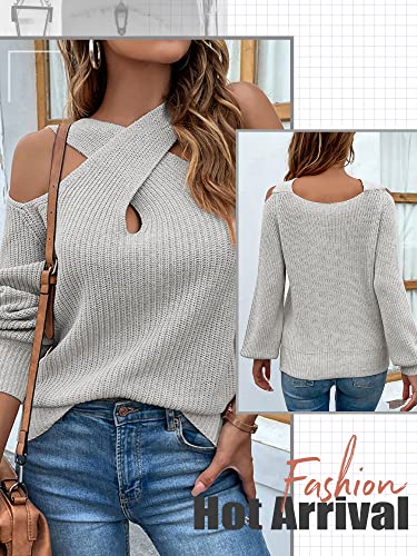 WLLW Womens Cross V Neck Sweaters Cold Shoulder Long Sleeve Casual Knit Pullover Halter Sweaters