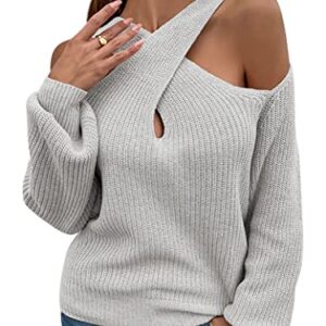 WLLW Womens Cross V Neck Sweaters Cold Shoulder Long Sleeve Casual Knit Pullover Halter Sweaters