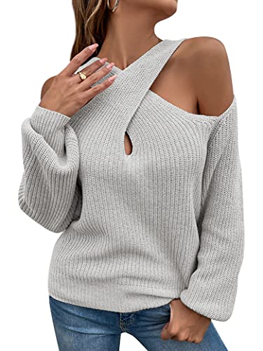 WLLW Womens Cross V Neck Sweaters Cold Shoulder Long Sleeve Casual Knit Pullover Halter Sweaters