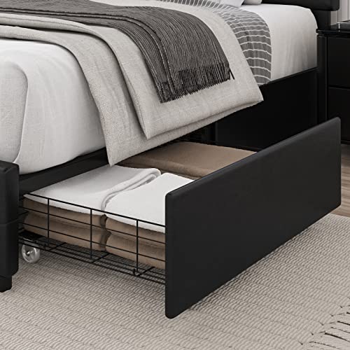 Keyluv Full Size Upholstered LED Bed Frame with 4 Storage Drawers and Adjustable Crystal Button Tufted Headboard, Platform Bed with Solid Wooden Slats Support, No Box Spring Needed, Black