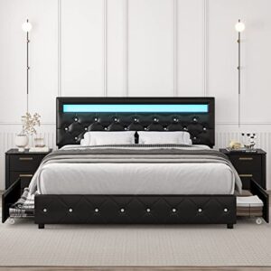 Keyluv Full Size Upholstered LED Bed Frame with 4 Storage Drawers and Adjustable Crystal Button Tufted Headboard, Platform Bed with Solid Wooden Slats Support, No Box Spring Needed, Black