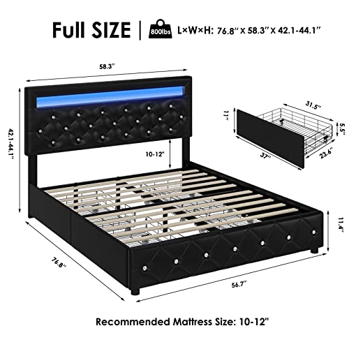 Keyluv Full Size Upholstered LED Bed Frame with 4 Storage Drawers and Adjustable Crystal Button Tufted Headboard, Platform Bed with Solid Wooden Slats Support, No Box Spring Needed, Black