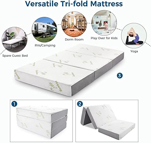 Inofia Folding Mattress, 6 Inch Trifold Memory Foam Mattress with Ultra Soft Bamboo Cover, Non-Slip Bottom & Breathable Mesh Sides, Foldable & Portable - Single Size (75" x 25" x 6")