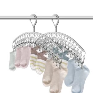 Laundry Sock Drying Rack with 20 Clips Windproof Drying Rack Multi-Purpose Stainless Steel Clothespins, ZNREUHATravel Camping Dryer Hanger for Socks, Gloves, Hat, Baby Clothes (2 Pack)