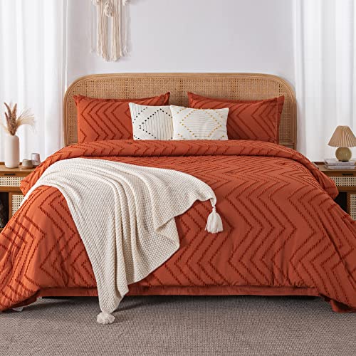 Litanika King Size Comforter Set with Sheets Burnt Orange - 7 Pieces Bed in a Bag King Boho Terracotta Complete Beddding Sets Rust Lightweight Bed Set with Comforter, Sheets, Pillowcases & Shams