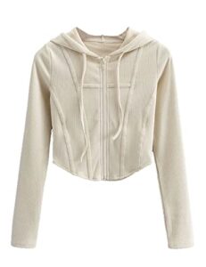 xishiloft women's crop top hoodie jacket y2k slim fit knitted long sleeve bustier sweatshirt cardigans(off-white,xs)