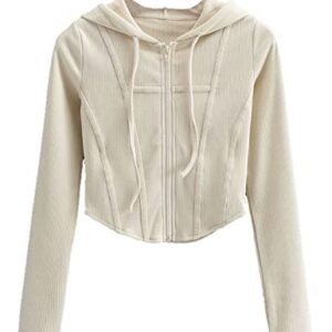 Xishiloft Women's Crop Top Hoodie Jacket Y2k Slim Fit Knitted Long Sleeve Bustier Sweatshirt Cardigans(Off-White,XS)