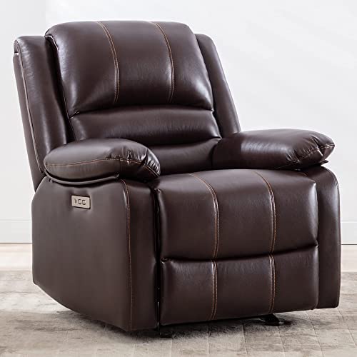 Watson & Whitely Power Recliner Chair for Adults, Faux Leather Electric Glider Reclining Chair for Living Room and Nursery, Upholstered Rocker Recliner with USB Port, Dark Brown