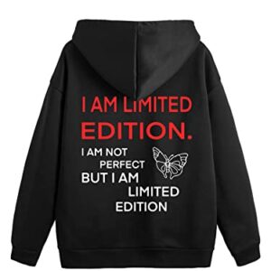 WDIRARA Women's Skeleton Print Drawstring Thermal Lined Hoodie Drop Shoulder Pocket Sweatshirt Black Letter and Butterfly Print XL