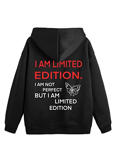 WDIRARA Women's Skeleton Print Drawstring Thermal Lined Hoodie Drop Shoulder Pocket Sweatshirt Black Letter and Butterfly Print XL