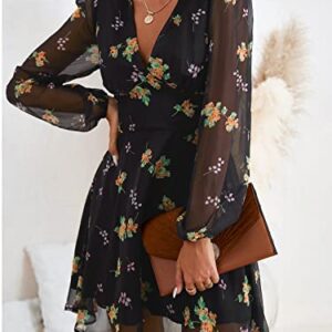 CUPSHE Women's Mini Dress Floral Print Chiffon Flowy Dresses Long Sleeve Dress for Women