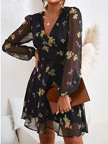 CUPSHE Women's Mini Dress Floral Print Chiffon Flowy Dresses Long Sleeve Dress for Women