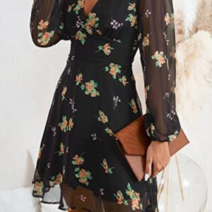 CUPSHE Women's Mini Dress Floral Print Chiffon Flowy Dresses Long Sleeve Dress for Women