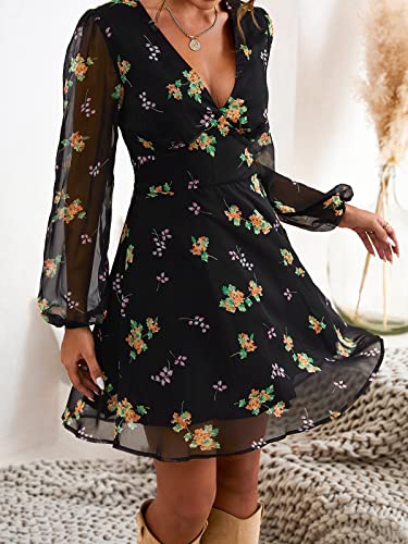 CUPSHE Women's Mini Dress Floral Print Chiffon Flowy Dresses Long Sleeve Dress for Women