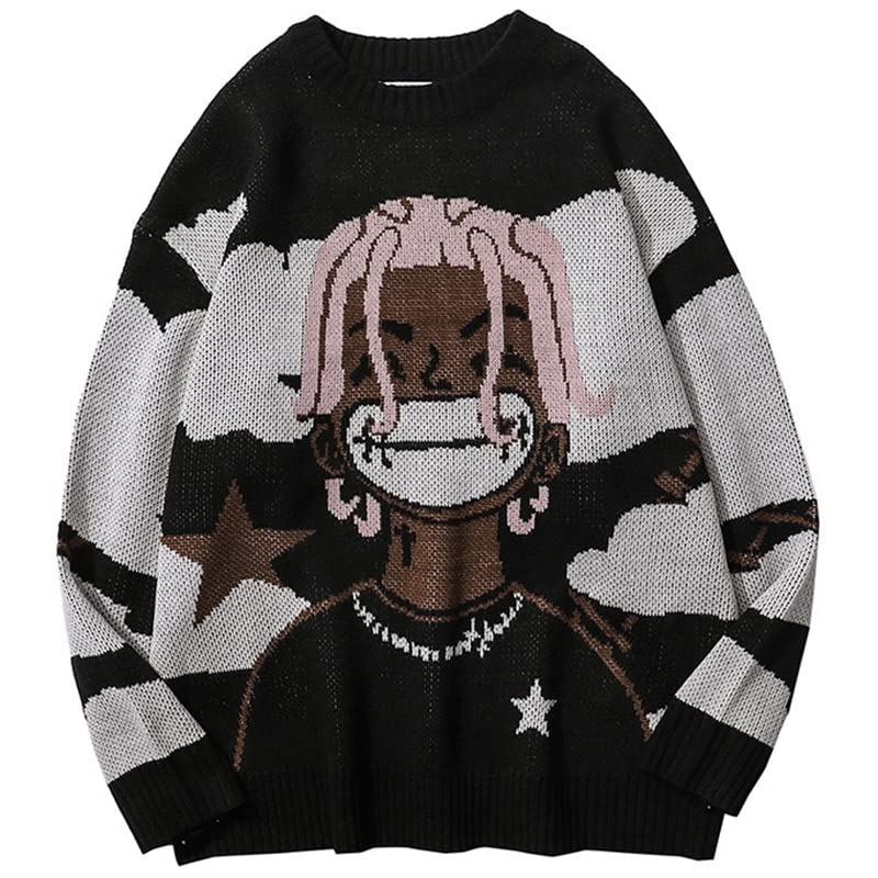 Cartoon Anime Knitted Sweater Men Winter Oversized Men's Rock Hip Hop Rap Pullover Women Jumper Ugly Sweater (Black,L,Large)