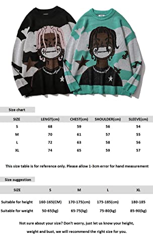 Cartoon Anime Knitted Sweater Men Winter Oversized Men's Rock Hip Hop Rap Pullover Women Jumper Ugly Sweater (Black,L,Large)