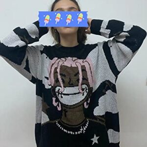 Cartoon Anime Knitted Sweater Men Winter Oversized Men's Rock Hip Hop Rap Pullover Women Jumper Ugly Sweater (Black,L,Large)