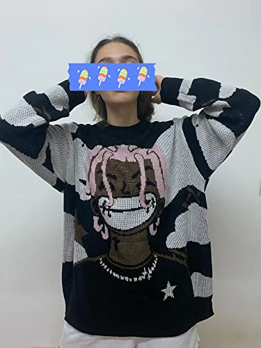 Cartoon Anime Knitted Sweater Men Winter Oversized Men's Rock Hip Hop Rap Pullover Women Jumper Ugly Sweater (Black,L,Large)