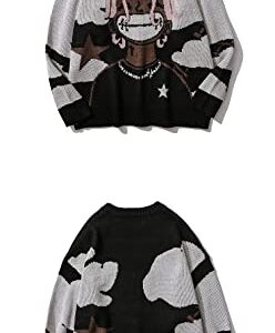 Cartoon Anime Knitted Sweater Men Winter Oversized Men's Rock Hip Hop Rap Pullover Women Jumper Ugly Sweater (Black,L,Large)