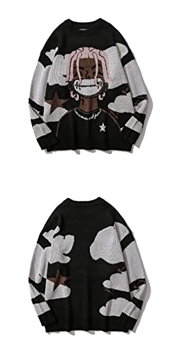 Cartoon Anime Knitted Sweater Men Winter Oversized Men's Rock Hip Hop Rap Pullover Women Jumper Ugly Sweater (Black,L,Large)