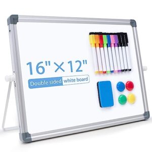 dry erase white board, arcobis 12"x16" magnetic desktop whiteboard with stand, 10 markers, 4 magnets, 1 eraser, double-sided small white board easel for kids drawing memo to do list school