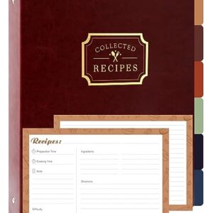 CAGIE Leather Recipe Binder with Plastic Sleeves Recipe Notebook with 5.7"x8" Recipe Cards & Card Divider 3 Ring Binder Recipe Book to Write in Your Own Recipes, 10.5"x12.5", Red Brown