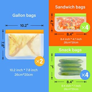 LISOVEVRR Reusable Silicone Storage Bags 6 Pack, Food Grade BPA Free Leakproof Freezer Bags, Resealable Lunch Bag for Meat Fruit Veggies, Reusable 2 Gallon 2 Sandwich 2 Kids Snack Bags