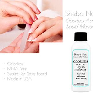 SHEBA NAILS Odorless Acrylic Liquid Monomer - 2oz - Acrylic Nails DIY Nail Extension Perfect For Cosmetology Students To Practice Or Take State Board Exam - Tamper Proof/Evident Seal