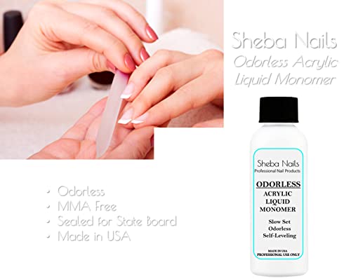 SHEBA NAILS Odorless Acrylic Liquid Monomer - 2oz - Acrylic Nails DIY Nail Extension Perfect For Cosmetology Students To Practice Or Take State Board Exam - Tamper Proof/Evident Seal