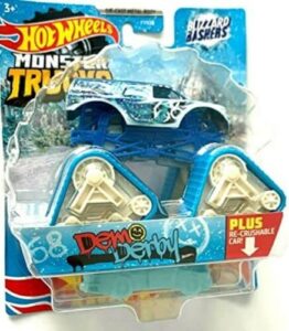 monster trucks blizzard bashers demo derby with re-crushable car, 1:64 scale diecast truck