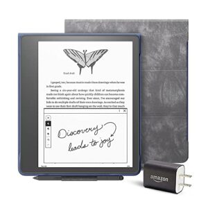 kindle scribe essentials bundle including kindle scribe (32 gb), premium pen, brush print leather folio cover with magnetic attach - tungsten, and power adapter