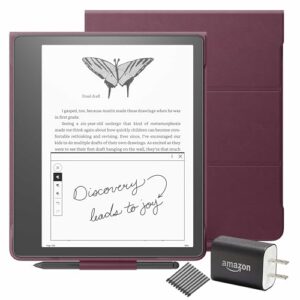 kindle scribe essentials bundle including kindle scribe (64 gb), premium pen, premium leather folio cover with magnetic attach - dark emerald, and power adapter