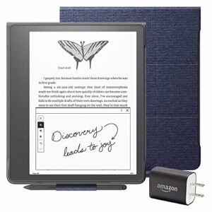 kindle scribe essentials bundle including kindle scribe (16 gb), premium pen, fabric folio cover with magnetic attach - denim, and power adapter