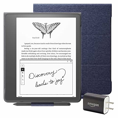 Kindle Scribe Essentials Bundle including Kindle Scribe (16 GB), Premium Pen, Fabric Folio Cover with Magnetic Attach - Denim, and Power Adapter