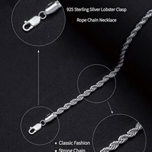 Haevsiwa 925 Sterling Silver Chain for Men Women Rope Chain Lobster Clasp Silver 2.5mm Silver Chain Necklace (22 inches)