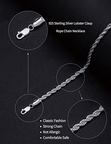 Haevsiwa 925 Sterling Silver Chain for Men Women Rope Chain Lobster Clasp Silver 2.5mm Silver Chain Necklace (22 inches)