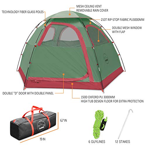 KAZOO Outdoor Camping Tent 2/4 Person Waterproof Camping Tents Easy Setup Two/Four Man Tent Sun Shade 2/3/4 People (4PGreen)