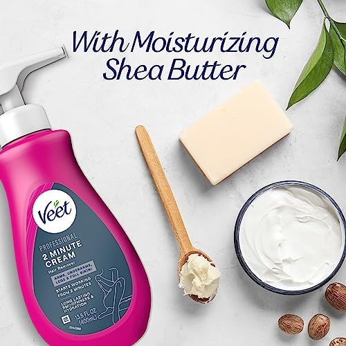 VEET Professional 2 Minute Hair Removal Cream For All Skin Types with Shea Butter | Effective Full Bikini Hair Removal, Pubic Hair Removal Gel | Dermatologically Tested | 13.5 FL OZ Bottle w/Spatula